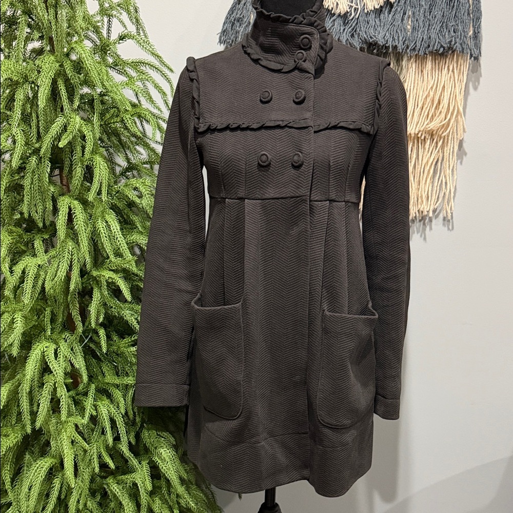 Forever 21 Black Cotton Ruffle Trim Swing Coat Small Double Breasted Jacket